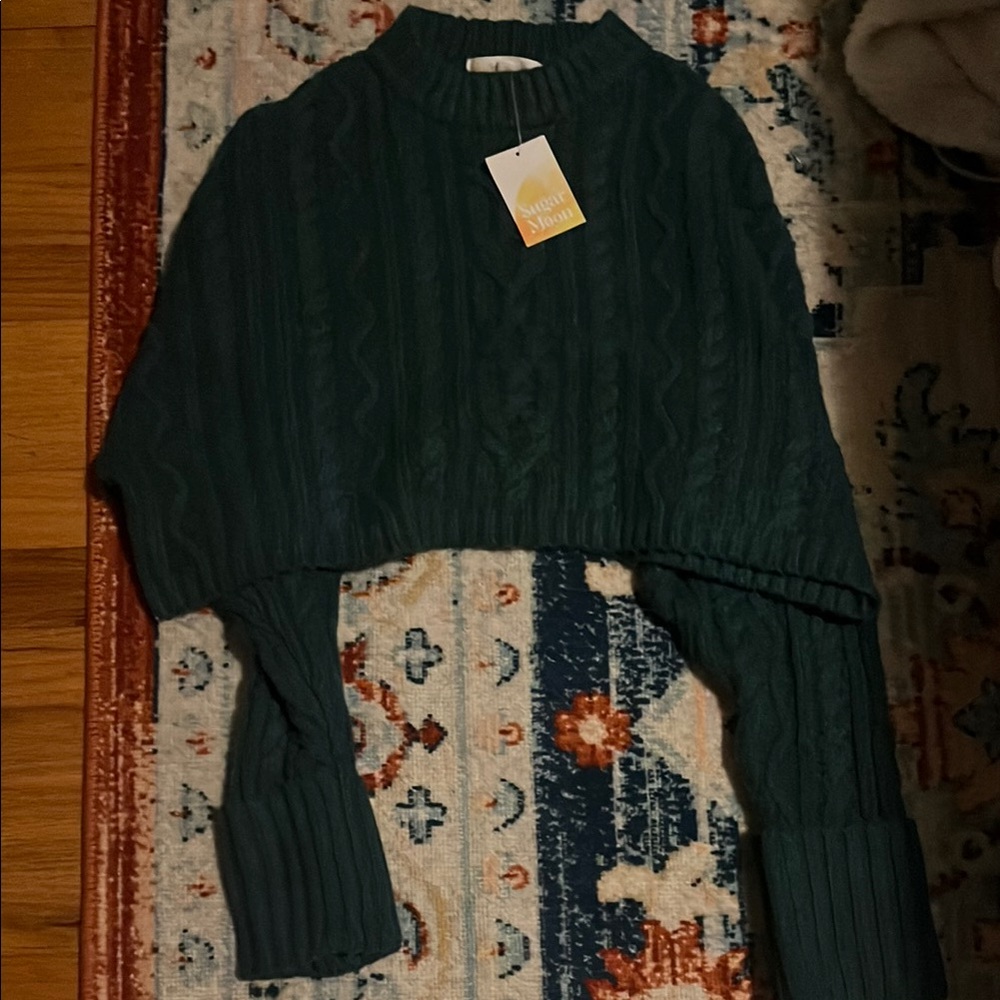 Chunky Green Cable Knit Poncho Sweater